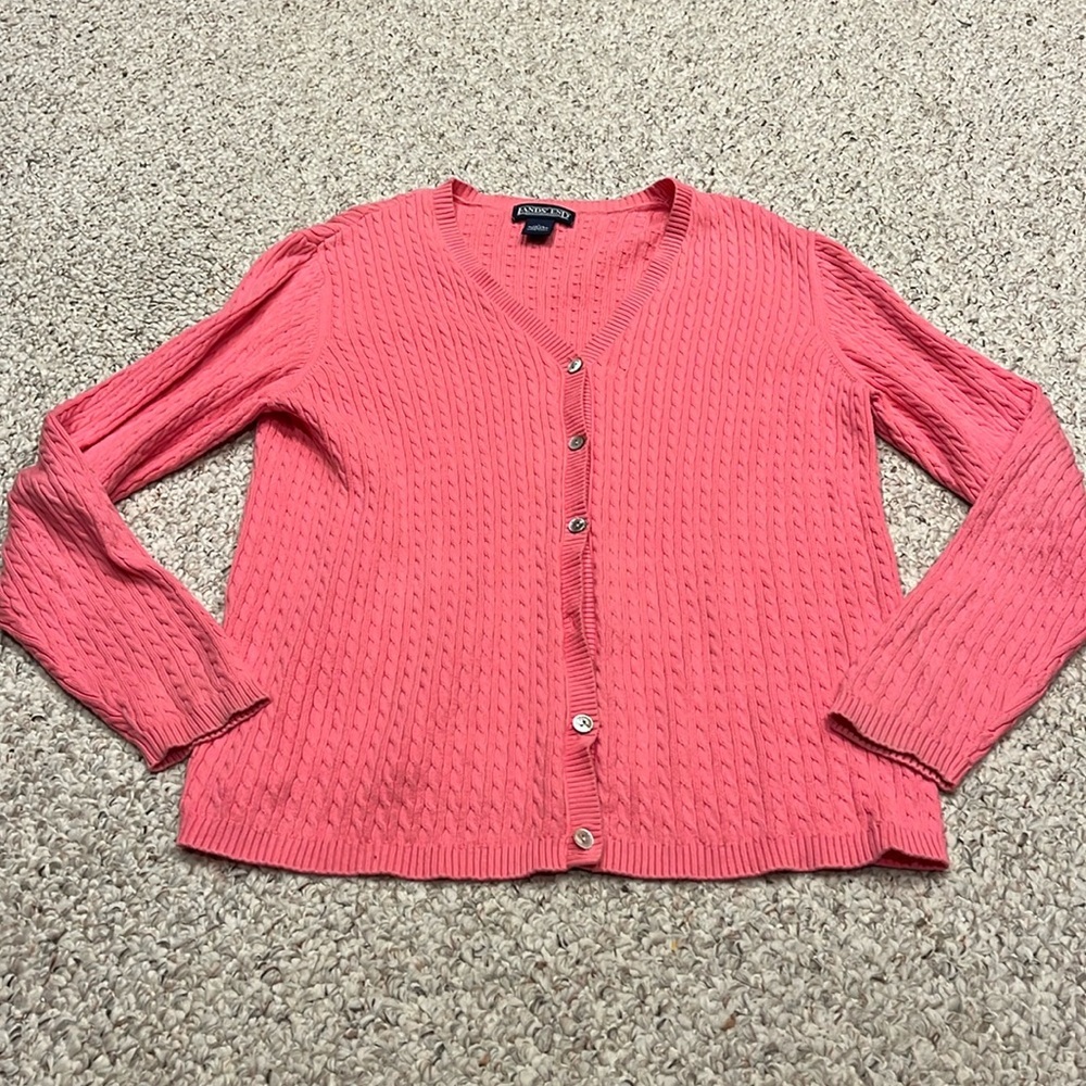 Land's End Pink Cable Knit Cardigan Sweater Button Sz Large Cotton Blend